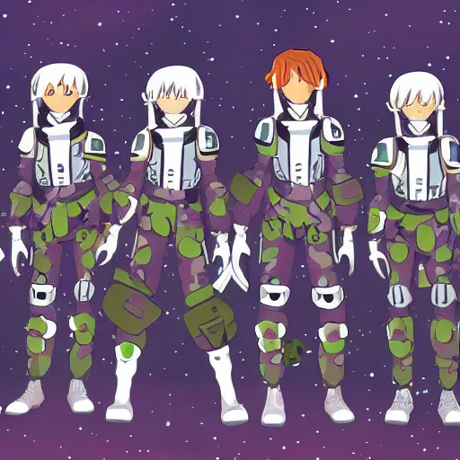 Prompt: a squad of space scouts wearing camo uniforms with white armor exploring a forest planet anime style