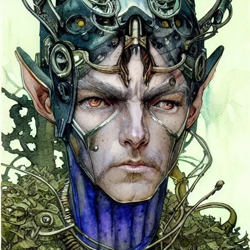 Image similar to a realistic and atmospheric watercolour fantasy character concept art portrait of a mechanized android elf as a druidic warrior wizard looking at the camera with an intelligent gaze by rebecca guay, michael kaluta, charles vess and jean moebius giraud