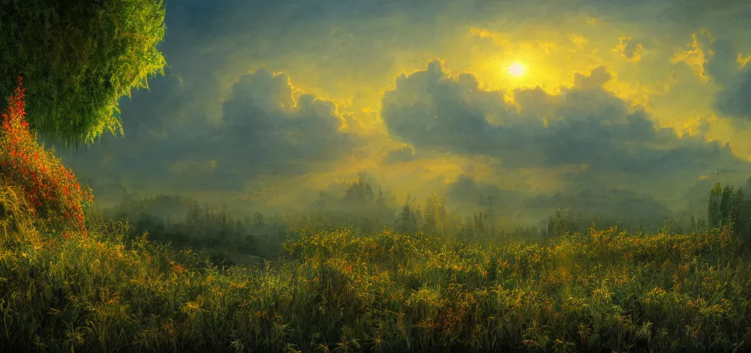 Image similar to an amazing deep painting of a marijuana world, intricate detail, sunset, idyllic, serene, volumetric lighting, 8 k, photorealistic, digital art trending on artstation