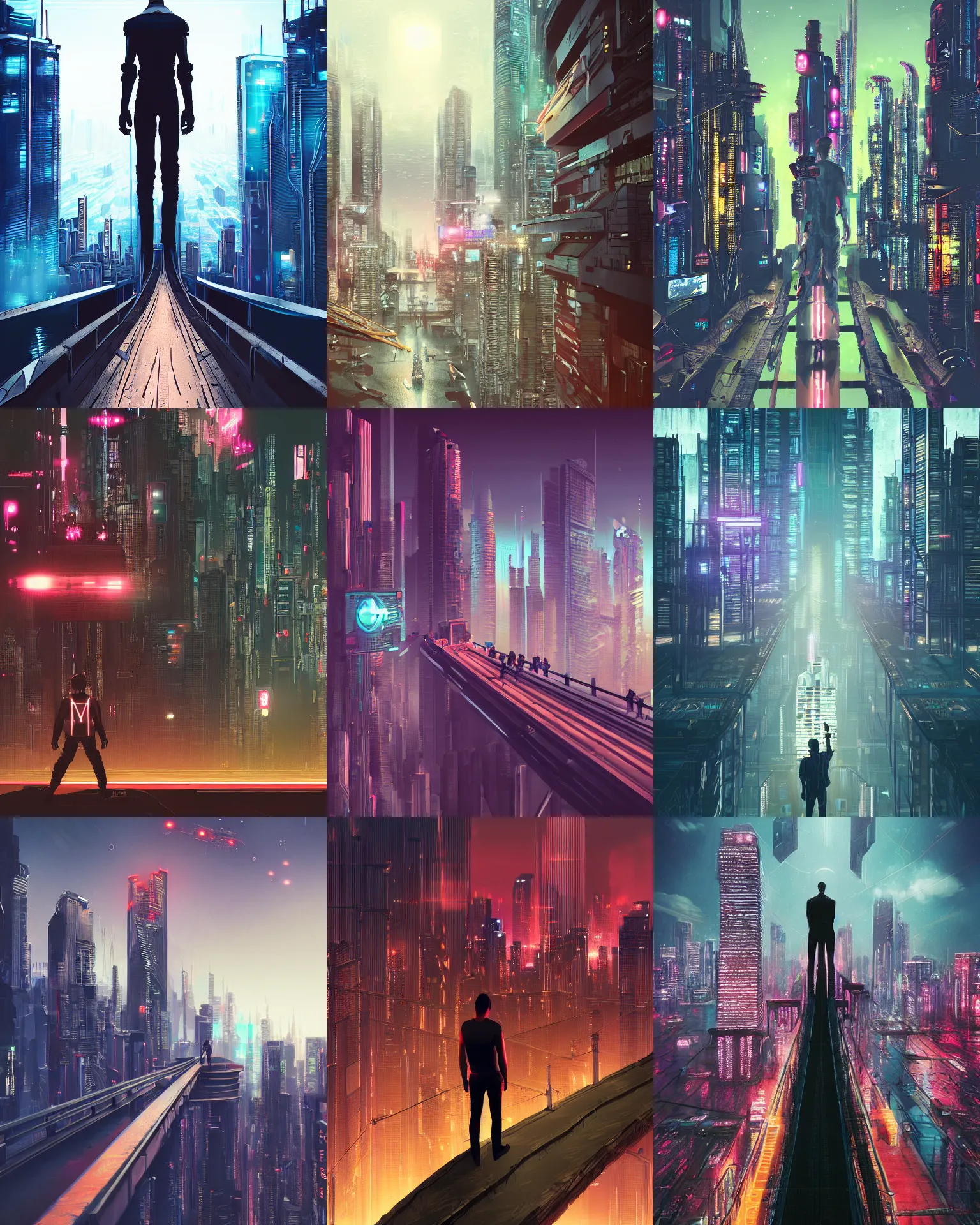 Image similar to a man standing on top of a bridge over a city, cyberpunk art by Vincent Lefevre, behance contest winner, altermodern, cityscape, synthwave, matte painting