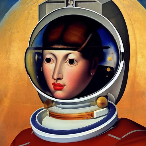 Prompt: close - up portrait of a female astronaut. hyperdetailed botero modigliani canaletto renaissance painting pre - raphaelitism retro unreal engine iridescent matte background 8 k hd resolution