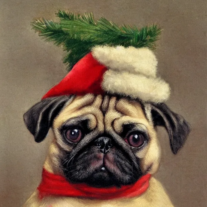 Prompt: cute pug puppy dog wearing a christmas hat by henriette ronner knip