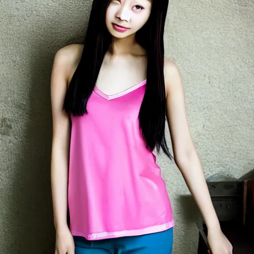 Prompt: exceptionally beautiful and vibrant photograph of a neotenous kpop chinese girl in a camisole, 4 k, hd