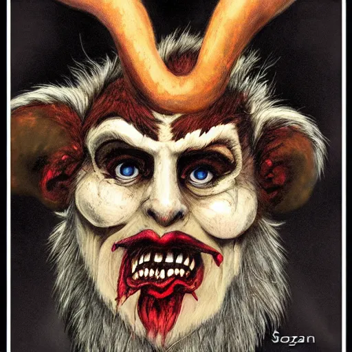 Prompt: krampus by sagazan, smoking face, glimming eyes