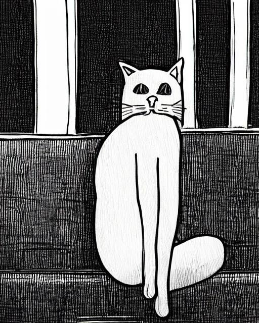 Prompt: a cat seated on the subway, cross-legged. White background. New Yorker cartoon. B&W. Black and white.