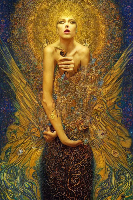 Image similar to Visions of Paradise by Karol Bak, Jean Deville, Gustav Klimt, and Vincent Van Gogh, visionary, otherworldly, dreamscape, radiant halo, fractal structures, infinite wings, ornate gilded medieval icon, third eye, spirals, heavenly spiraling clouds with godrays, airy colors