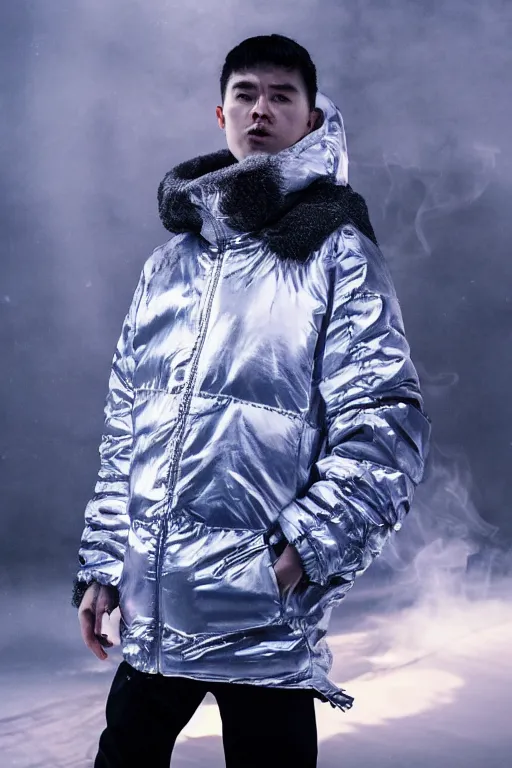 Image similar to ice translucent gopnik man in winter Adidas jacket sportswear a dramatic atmosphere and light smoke, hyper realistic, photography, cinematic scene from a movie, volumetric lights, lots of details, 4K, photorealistic