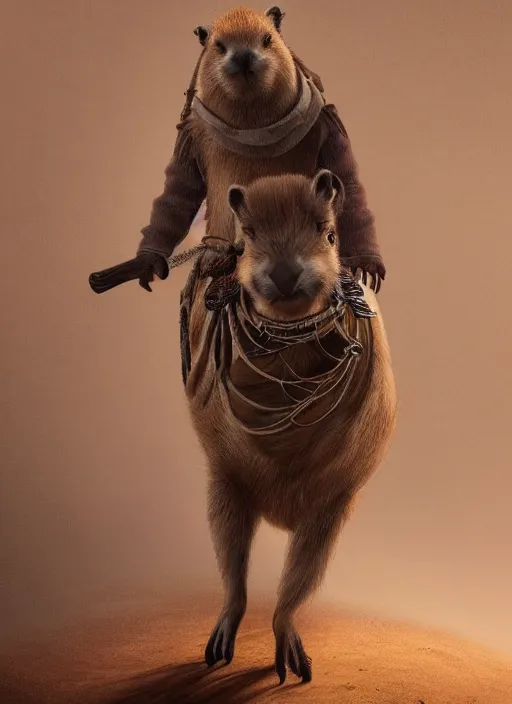 Prompt: detailed full body concept oil painting of a capybara cowboy, elegant pose, fantasy, illustration, insanely detailed and intricate clothing, octane render, 4k