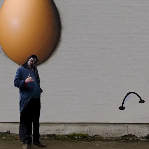 Image similar to a man laughing at a giant egg, in the future, in the style of Bansky