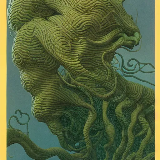 Image similar to hydra, highly detailed, artstation, in the style of moebius, art by rene magritte and jean delville