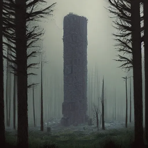 Image similar to monumental old ruins tower of a dark misty forest, overcast, sci - fi digital painting by simon stalenhag