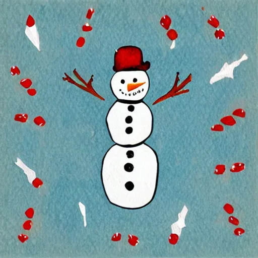 Image similar to mixed media winter snowman icon collage illustration in soft watercolor style, ice blue cold hues