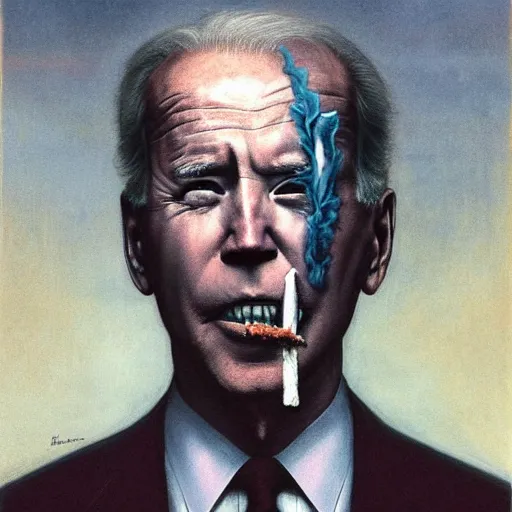 Image similar to presidential portrait of joe biden with smoking eyes and mouth as slenderman, by beksinski, jon mcnaughton, and stephen gammell