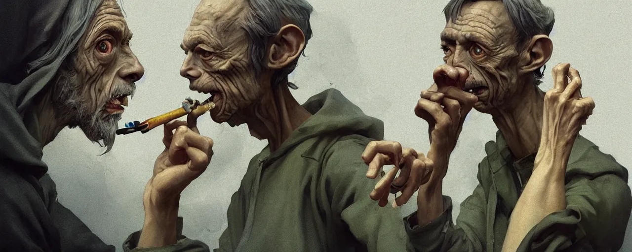 Image similar to duotone olive illustration 3 / 4 portrait of gollum smoking joints with gandalf symmetric composition accidental renaissance golden ratio. by sachin teng and sergey kolesov and ruan jia and heng z. graffiti art, scifi, fantasy, hyper detailed. octane render. concept art. trending on artstation