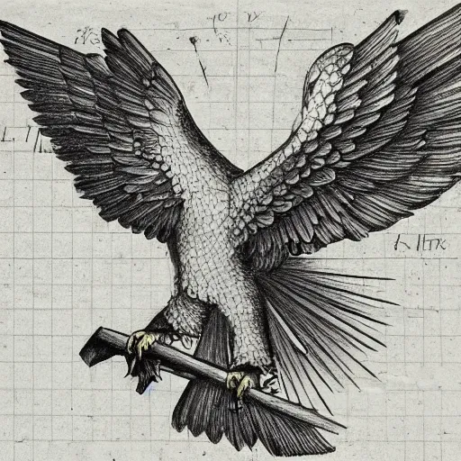 Image similar to Technical drawing of an eagle with a detailed description. Leonardo Da Vinci style