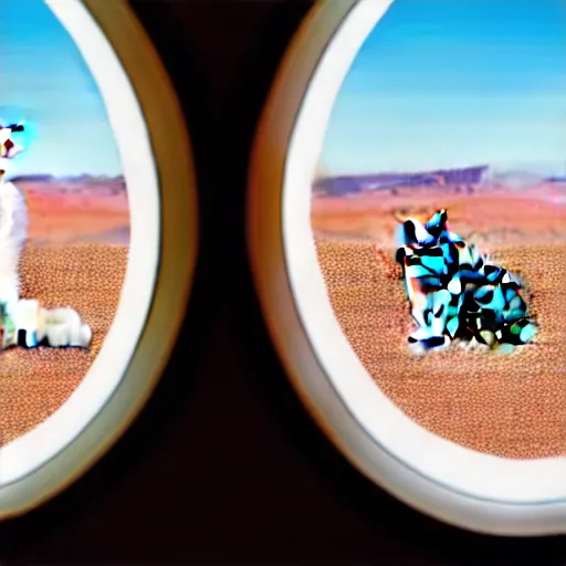 Image similar to cat watching martian landscape, standing inside a futuristic window, next to a food bowl