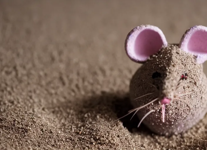 Image similar to dslr photo still of a mouse inside a sand castle, 8 k, 8 5 mm f 1. 4