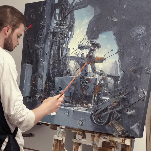 Prompt: robot artist painting a self - portrait on a canvas. intricate, highly detailed, digital matte painting in the style of alexandros pyromallis. irony, recursion, inspiration.