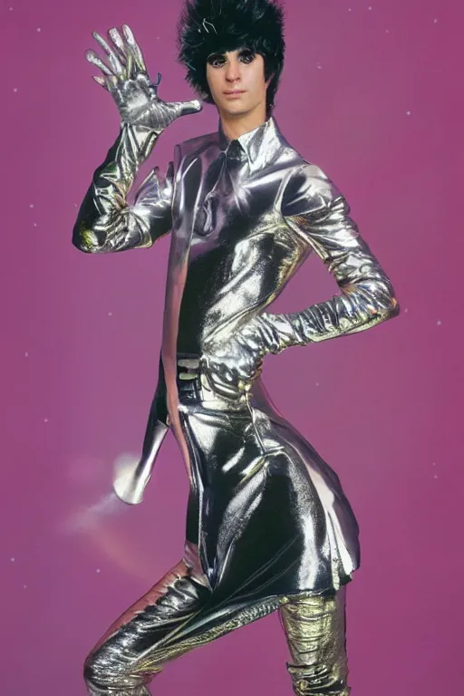 Image similar to portrait davis taylor brown dressed in 1 9 8 1 space fantasy fashion, new wave, shiny metal, standing in a desert