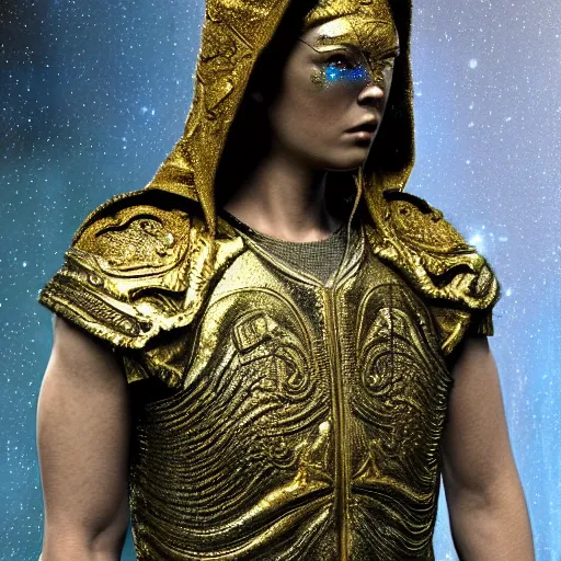 Prompt: Realist highly intricate dark iridescent detailed subtle epic baroque painting of a powerful hooded badass divine royal omnipotent assassin being wearing body armor and brandishing a precious futuristic cosmic sword of vivid iridescent flame, realistic human face, realistic biomechanical complex torso encrusted in iridescent gleaming 3D render processor microchips, high quality, symmetry, rich style, iridescent smoke behind, crystallic megastructure background, galaxies, universe, artstation, iridescent, badass, galactic deity, dark ominous stealth, surrounded by rainbow dust specks, depth of field, award winning on artstation, artgerm
