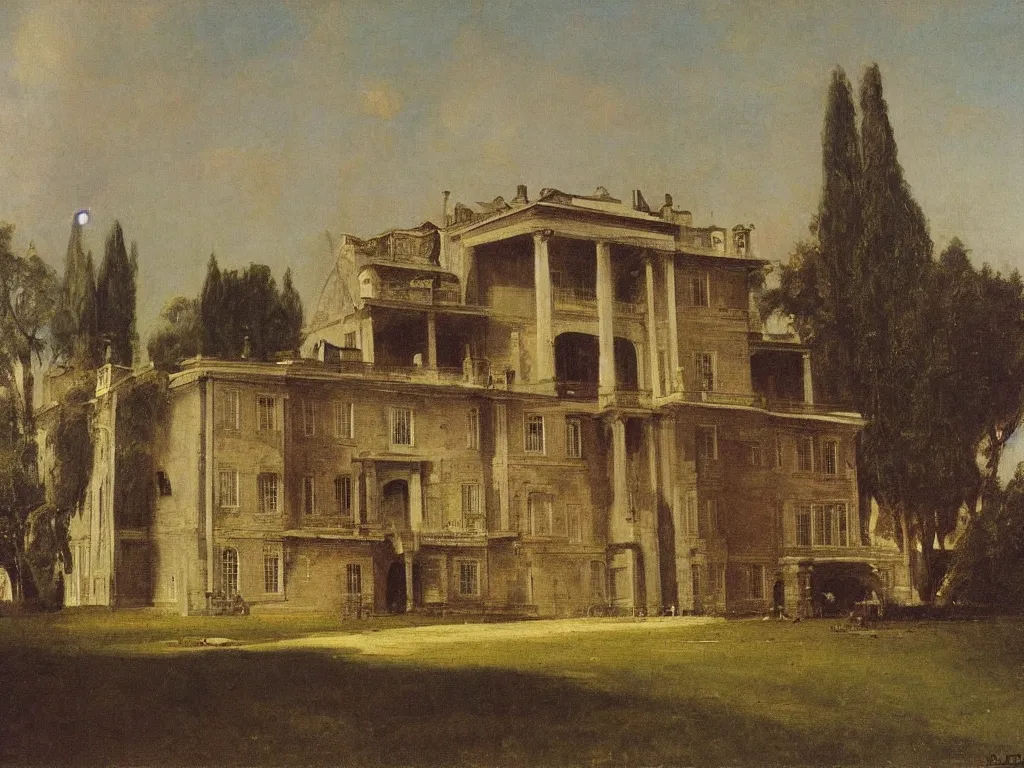 Image similar to prussian officers quarters by arnold bocklin. oil on wood. matte painting