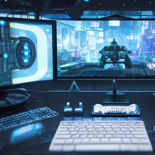 Image similar to gaming setup from future, cyberpunk style, product photo, octane render, unreal render, ultra detail, no noise, isometric, full view