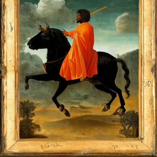 Image similar to black man with afro hair wearing an army green cloak, riding!!! an orange!! bull!!!, renaissance style painting, stunning detail and accuracy