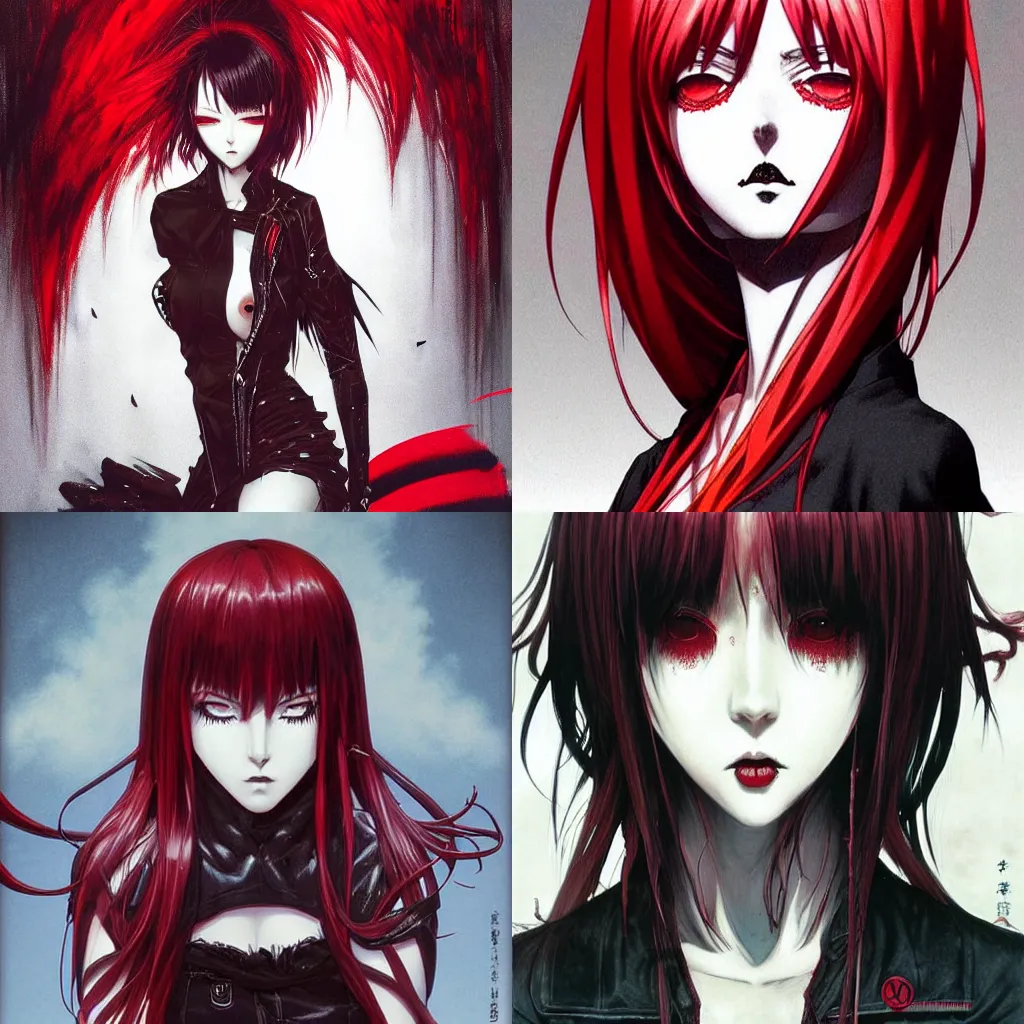 Prompt: highly detailed professional 9 0 s seinen manga art of badass goth woman with red hair, black makeup, and red eyes. chunibyo. manga cover promotional art. detailed and intricate environment. drawn by ilya kuvshinov and painted by zdzislaw beksinski