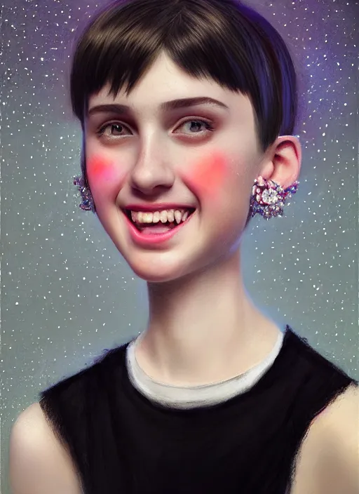 Prompt: portrait of white teenage girl, narrow face, short black hair, bangs, half updo hairstyle, buck teeth, smile, unattractive, defined jawline, long chin, wearing hair bow, earrings, intricate, elegant, glowing lights, highly detailed, digital painting, artstation, sharp focus, illustration, art by wlop, mars ravelo and greg rutkowski