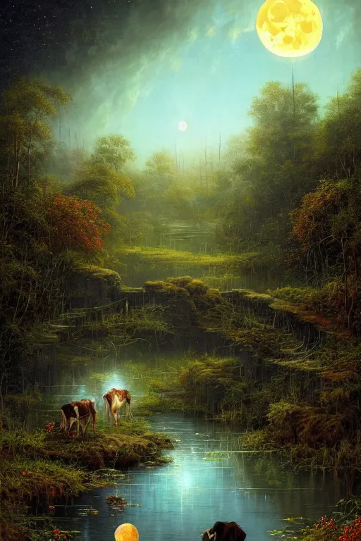 Prompt: a beautiful digital illustration painting of a detailed gothic fantasy secret calm creek babbling brooke cows drinking moon in sky fireflies, by benoit b. mandelbrot, steven belledin, martin johnson heade, lee madgwick, caspar david friedrich, and david rios ferreira. 8 k resolution trending on artstation concept art digital illustration