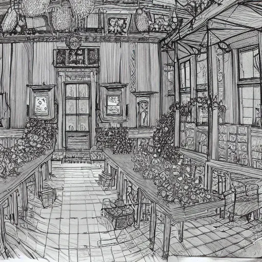 Image similar to annotated highly, detailed and intricate, sketch of a lodge room full of spring plants, marker concept art style rendering, concept art, half blueprint, trending on artstation, intricate details, center frame, annotations