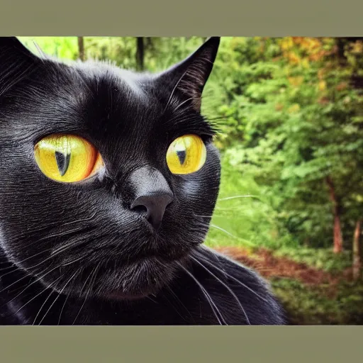 Prompt: A close up of a black cat looking curiously, there is a forest in the background, texture, intricate, details, highly detailed, masterpiece, architecture, building, trending on artstation, focus, sharp focus, concept art, digital painting, fantasy, sunny, day, midday
