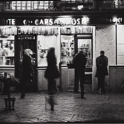 Image similar to people at a cafe at night, paris, 8 mm, photographed by nan goldin