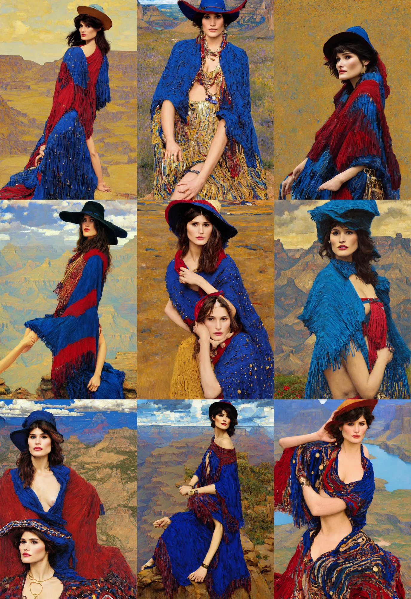 Prompt: portrait of fashionable young woman wearing rich jewerly hat and deep blue and red boho poncho with gold texture, Gemma Arterton in elegant decollete, sitting dynamic pose, Low poly, thunder clouds in the sky, grand canyon, artwork by john william waterhouse and Denis Sarazhin and klimt and rhads and Dean Ellis and Detmold Charles Maurice, levitation, industrial rusty pipes, simple form, brutal shapes