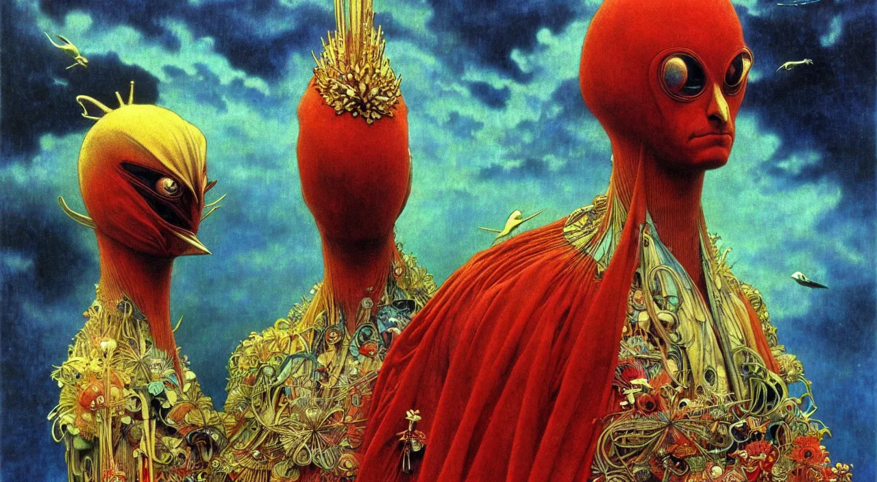 Image similar to realistic detailed portrait movie shot of a birdman wearing dark robes, sci fi city landscape background by denis villeneuve, amano, yves tanguy, alphonse mucha, ernst haeckel, max ernst, roger dean, masterpiece, rich moody colours, blue eyes, occult