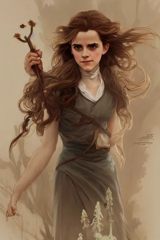 Prompt: beautiful cottagecore emma watson as hermione holding a magic wand, magical Hair, magical forest, intricate, elegant, highly detailed, digital painting, artstation, concept art, smooth, sharp, focus, illustration, art by artgerm and greg rutkowski and alphonse mucha