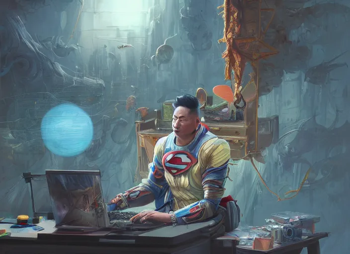 Image similar to an insanely detailed painting of an asian man wearing a homemade superhero costume, sitting at a desk, staring seriously at the computer and typing, in the style of peter mohrbacher, james jean, artgerm, dramatic lighting and composition, surreal background, octane render, pixar, trending on artstation, concept art, comic book, view from behind, 8 k