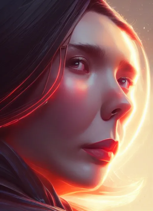 Image similar to portrait of modern darna, elizabeth olsen, intricate, elegant, glowing lights, highly detailed, digital painting, artstation, glamor pose, concept art, smooth, sharp focus, illustration, art by wlop, mars ravelo and greg rutkowski