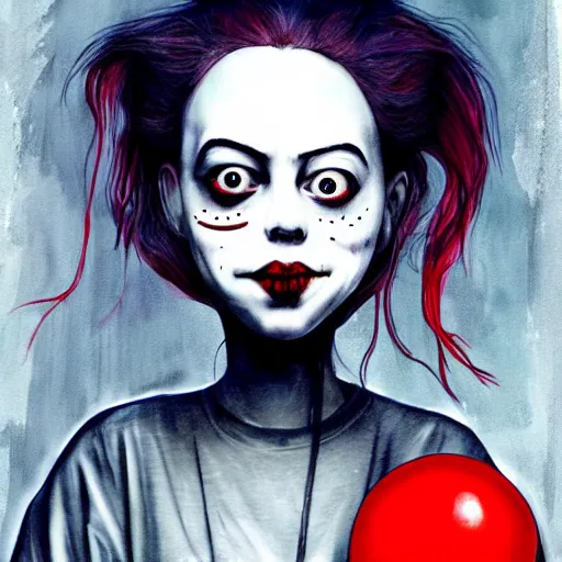 Image similar to grunge painting of a billie eilish with a wide smile and a red balloon by tim burton, loony toons style, pennywise style, corpse bride style, rick and morty style, creepy lighting, horror theme, detailed, elegant, intricate, conceptual