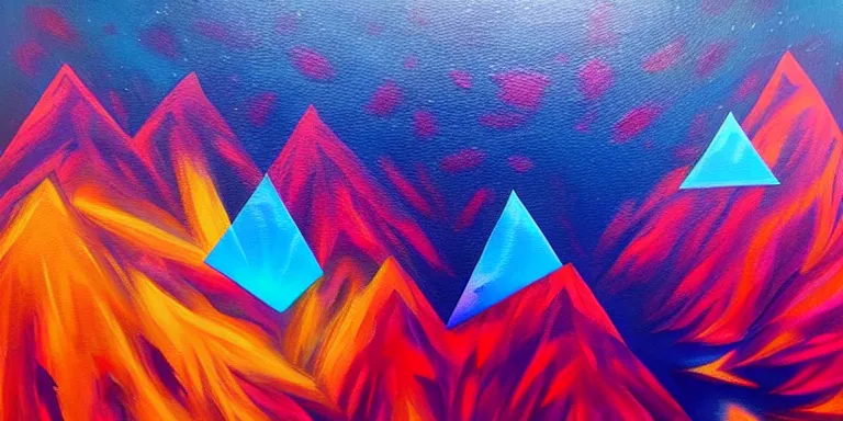 Prompt: a beautiful abstract acrylic painting of geometric mountain tops made of nebula by viktoria lapteva