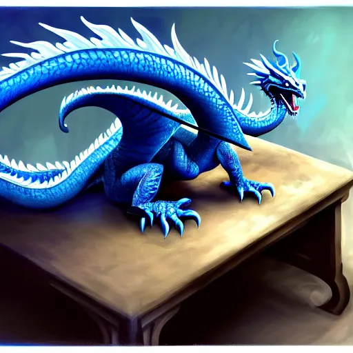 Prompt: a singular blue ( ( ( dragon ) ) ) scale lies on a table, a single scale fills the entire table, the scale lies by itself, d & d, fantasy, intricate, highly detailed, digital painting, artstation, concept art, matte, sharp focus, illustration