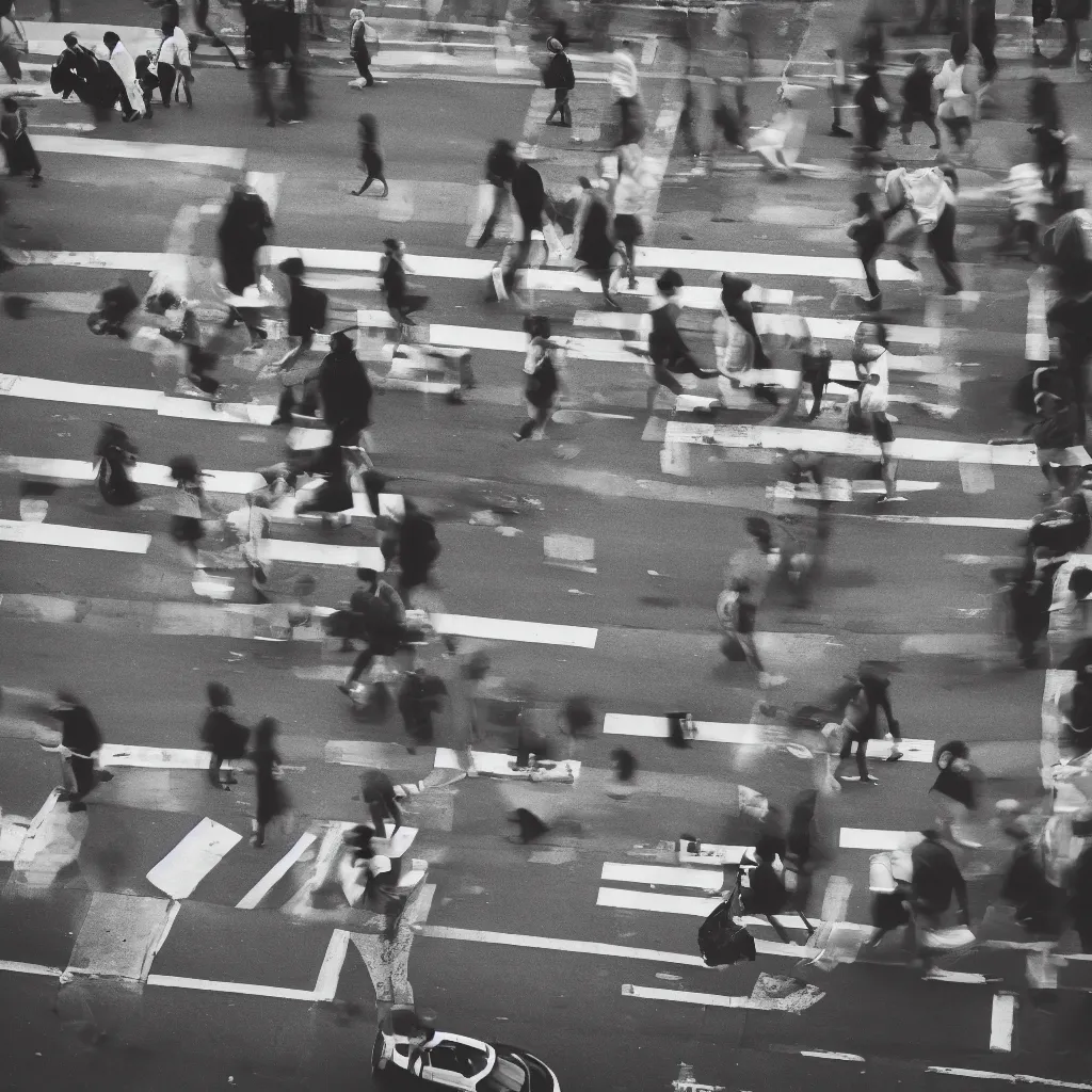 Prompt: a black and white photo of people crossing a street, a tilt shift photo by ned m. seidler, featured on pexels, photorealism, streetscape, anamorphic lens flare, dynamic composition