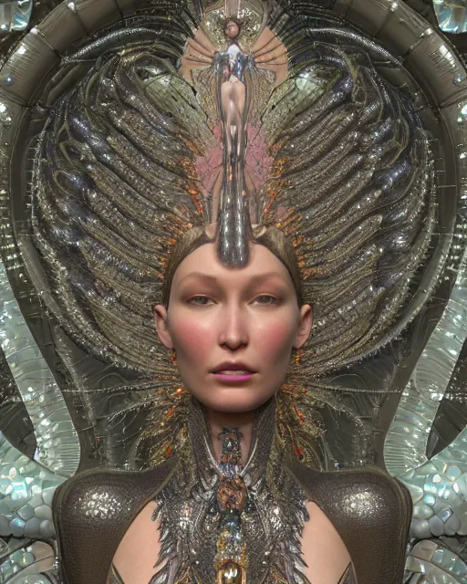 Image similar to a highly detailed metahuman 4 k close up render of an alien goddess bella hadid as sixwinged seraphim in iris van herpen dress schiaparelli in diamonds crystals swarovski and jewelry in style of alphonse mucha gustav klimt trending on artstation made in unreal engine 4