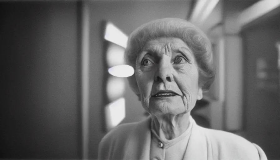 Image similar to 1 9 6 0 s movie still of a 9 0 year old lady, 2 0 0 1 a space odyssey, cinestill 8 0 0 t 3 5 mm, high quality, heavy grain, high detail, panoramic, cinematic composition, dramatic light, ultra wide lens, anamorphic, flares