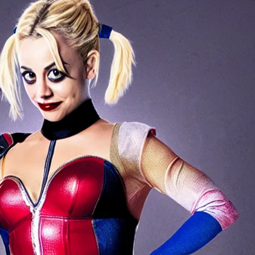 Image similar to A still of Kaley Cuoco as Harley Quinn