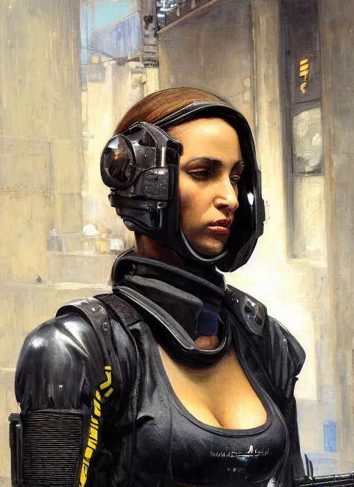 Image similar to Maria. beautiful cyberpunk policewoman wearing a military vest and military stealthsuit (cyberpunk 2077). gorgeous face. african woman. Iranian orientalist portrait by john william waterhouse and Edwin Longsden Long and Theodore Ralli and Nasreddine Dinet, oil on canvas. Cinematic, hyper realism, realistic proportions, dramatic lighting, high detail 4k