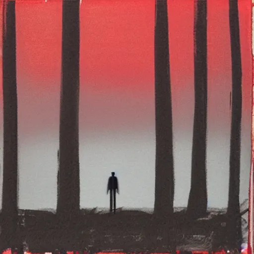 Prompt: a lonely man standing on a deserted planet, forestry, dreary, head down, smokey, mist, blur, red lighting, acrylic art,