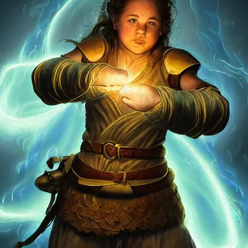 Image similar to full body portrait of a female halfling hobbit monk fistfighter warrior, hallucinating a holy vision of her goddess of mist and light, flowing robes and leather armor, detailed dynamic light painting by albrecht anker