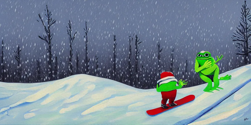 Prompt: pepe the frog snowboarding, gloomy landscape, expressive oil painting by christopher radlund and camille pissaro