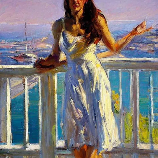 Prompt: the maiden standing on the balcony overlooking the aegean sea by andrew atroshenko impressionist portrait